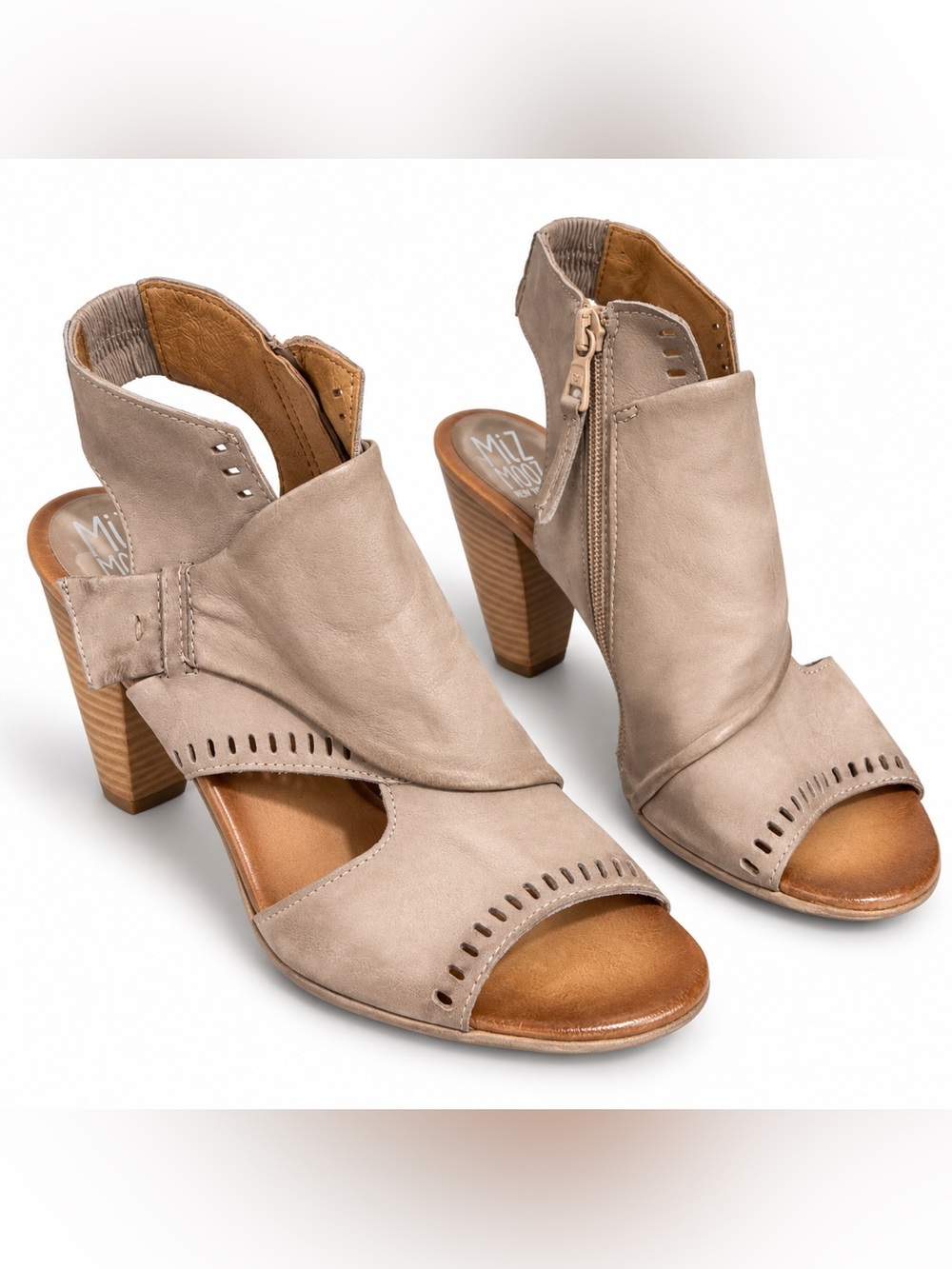 Miz Mooz Taupe Leather Cutout Heeled Sandals Side Zip EU 39